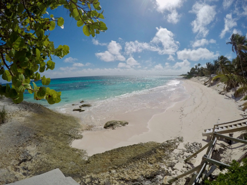 sunny beach on what used to be Elbow Cay. soft brown sand, tropical green trees and turquoise waters. 