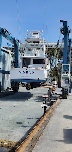 a travel lift which has two straps that hold a boat mid air. the sinbad is in the lift on a bluebird day to go back to the water.