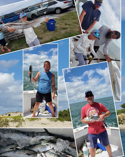 collage of smiling anglers , box with spanish mackeral in it, sunshine, sand dunes