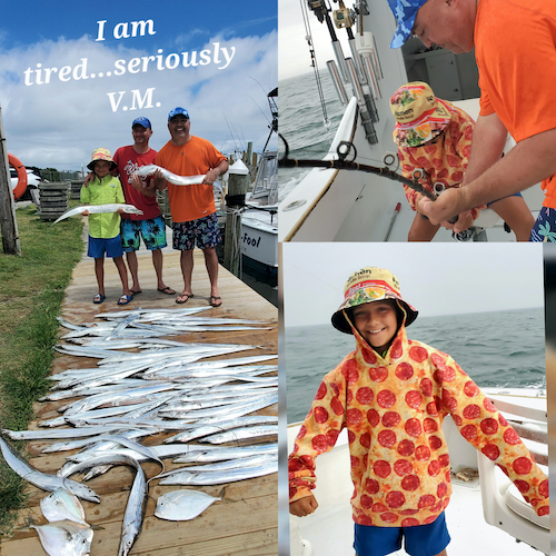 collage of pictures with a dock full of fish, boy in a poncho with a pizza design and ramen hat